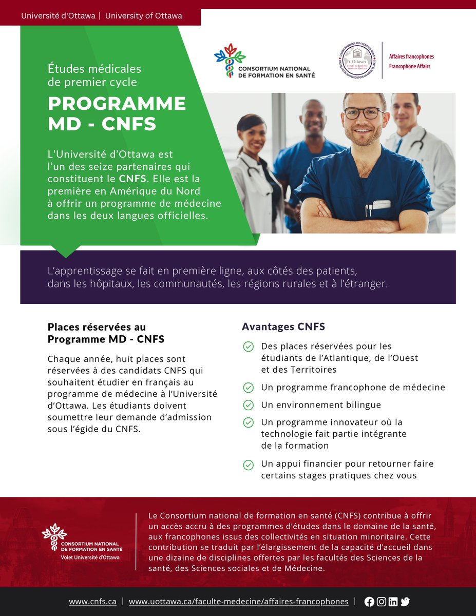 resosante's tweet image. Vous rêvez de devenir médecin tout en étudiant en français? 👩‍⚕️
C&apos;est ce que vous propose le Programme MD - CNFS de @uOttawa! 💼 Des places sont réservées pour les étudiants de l&apos;Ouest.
Bénéficiez d&apos;un environnement bilingue stimulant! #FormationMédicale