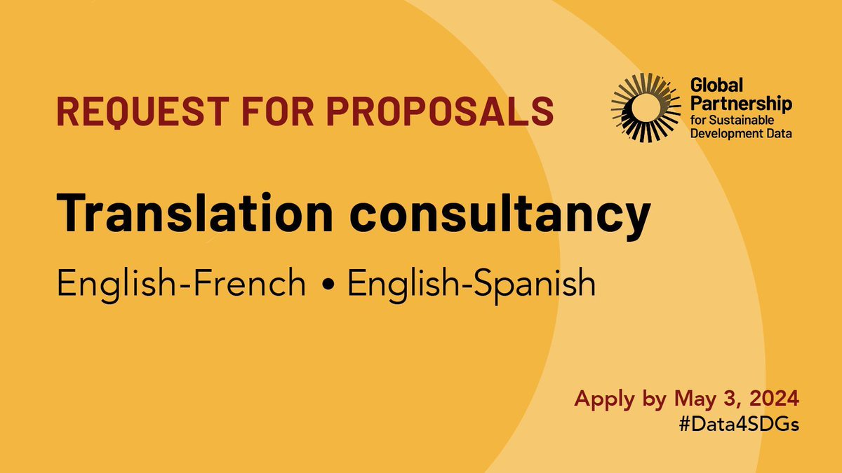 FINAL CALL! 📢 Apply today to our RFP looking for translation consultants. 

✍️ Support the #Data4SDGs team in translating English to French and/or English to Spanish documents, reports + more. 

Review the RFP + apply by May 3 🔗 bit.ly/3UGdBPN