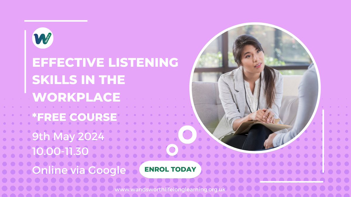 Be a great communicator by being an excellent listener. Learn how you can #ImproveRelationships, build empathy and reduce misunderstandings. Register with this link: forms.office.com/e/R4JzwgHEGX *#FreeCourse, subject to criteria. #WandsorthLifelongLearning #CommunicationSkills