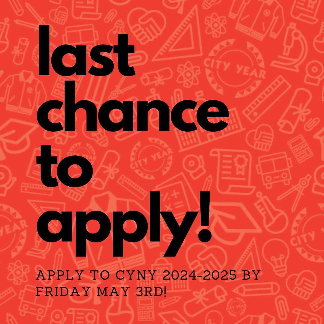 The final application deadline for 2024-2025 #CYNY @Americorps members is this Friday, May 3rd!

Apply via the link below or on the @CommonApp.

#ServiceYear #CityYear

cityyear.org/apply-now/