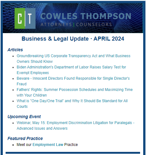 Our recent Business & Legal Update:
>#CorporateTransparency Act
>DOL Raises Salary Test
>Innocent Directors Responsible for Controlling Director's Fraud
>#FathersRights & Summer Possession
>One Day/One Trial

READ/Subscribe: conta.cc/3WgYOfv

#LegalUpdate #FLSA