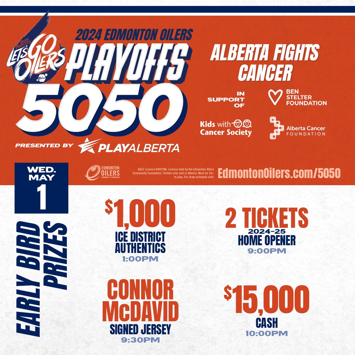 Did you get your 50/50 tickets yet? The jackpot is already over $1M and growing fast! The draw will take place at the end of round 1 which could be tonight. Tickets can be purchased Alberta wide. Get your tickets here: nhl.com/oilers/communi… @Oil_Foundation @EdmontonOilers