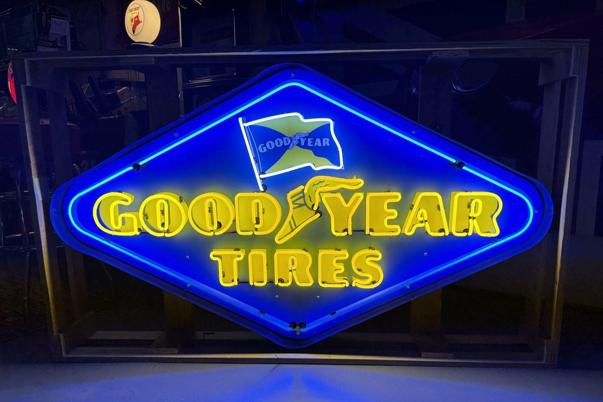 For Sale: Neon Goodyear Tires Sign at No Reserve: This reproduction neon Goodyear Tires sign features yellow Goodyear logotype over a blue background along with a blue and yellow Goodyear flag… dlvr.it/T6Gw9W Bringatrailer.com #carsofinstagram #carporn #classiccar