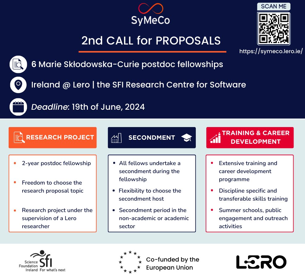 SyMeCo Fellowships (@symecocofund) on Twitter photo 🤩SyMeCo 2nd call for proposals
✅2-year postdoc fellowship in 🇮🇪 <a href="/LeroCentre/">Lero</a>
✅Secondment period
✅Training & career development programme
RT's appreciated, thnx 🙂<a href="/EuraxessASEAN/">@EuraxessASEAN</a> <a href="/EuraxessLAC/">Euraxess LAC</a> <a href="/Euraxess_AusNZ/">EURAXESS Australia & New Zealand</a> <a href="/EuraxessIndia/">Euraxess India</a> <a href="/euraxess_japan/">EURAXESS Japan</a> <a href="/EURAXESS_NA/">EURAXESS North America</a> <a href="/EURAXESSAfrica/">EURAXESS Africa</a> 🤩SyMeCo 2nd call for proposals
✅2-year postdoc fellowship in 🇮🇪 <a href="/LeroCentre/">Lero</a>
✅Secondment period
✅Training & career development programme
RT's appreciated, thnx 🙂<a href="/EuraxessASEAN/">@EuraxessASEAN</a> <a href="/EuraxessLAC/">Euraxess LAC</a> <a href="/Euraxess_AusNZ/">EURAXESS Australia & New Zealand</a> <a href="/EuraxessIndia/">Euraxess India</a> <a href="/euraxess_japan/">EURAXESS Japan</a> <a href="/EURAXESS_NA/">EURAXESS North America</a> <a href="/EURAXESSAfrica/">EURAXESS Africa</a>
