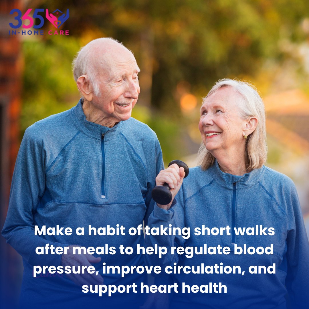 Make it a daily ritual to stroll after dining to nourish your body and invigorate your spirit. Taking short walks after meals is vital for maintaining heart health as we age. 💓🚶♂️ 
#365InHomeCare #inhomecare #seniorcare