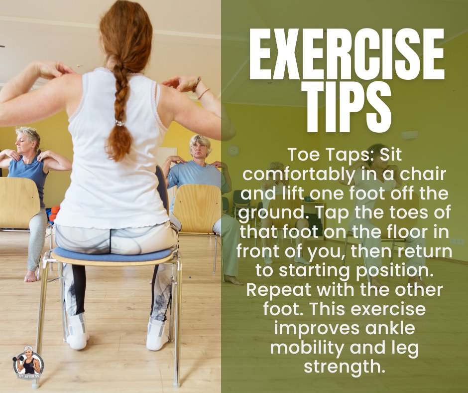 'Take a step towards stronger ankles and legs! 💪👟 Try toe taps from the comfort of your chair. Lift, tap, and repeat for improved ankle mobility and leg strength. It's a small move with big benefits! #ExerciseTips #ToeTaps #LegStrength