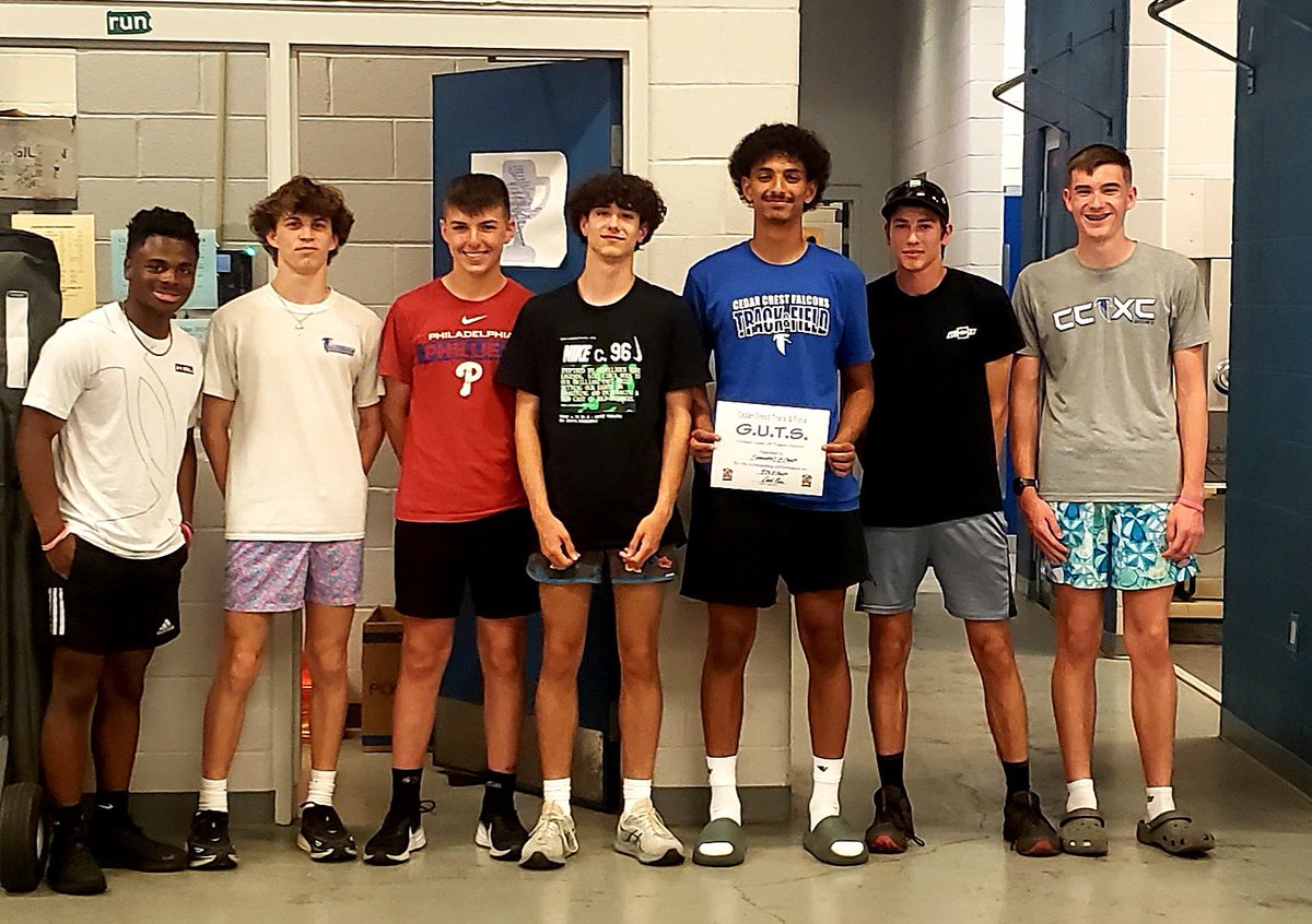 Cedar Crest Boys T&F GUTS award winners vs Penn Manor: Wampler, Joffy, L Tirado, K Reager, & T Zimmerman. Also pictured are the awesome athletes who supported their team at Counties! Let’s Go 💯