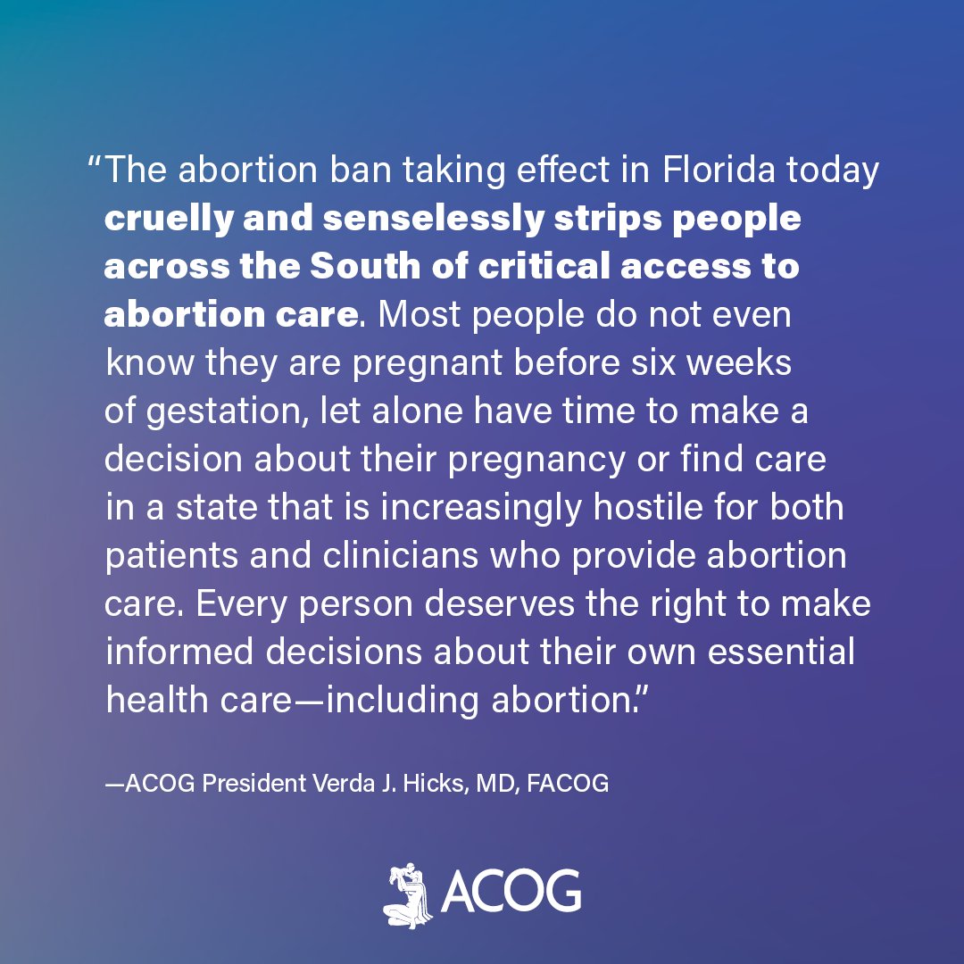 The six-week abortion ban now in effect in Florida severely limits access to vital reproductive health care for Floridians and residents in neighboring states with restrictions. Health care decisions must be left to the clinicians, patients, and families involved.