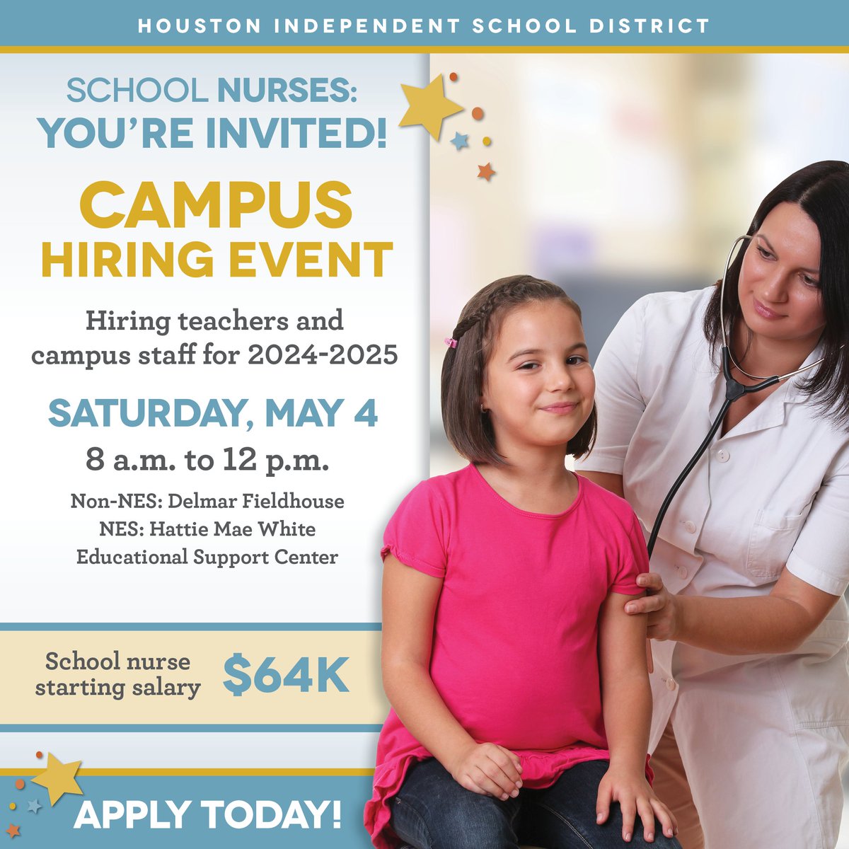 🏥 Are you interested in working as a school nurse in HISD? Please join us this Saturday, May 4, at our two campus hiring events to learn more. Register to attend here: bit.ly/4b7wNLn