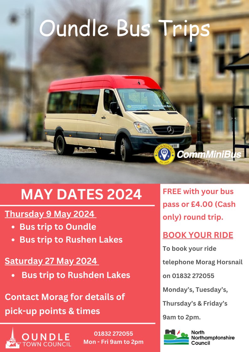 🚌 Exciting News! 🚌 NEW dates for the Oundle bus in May....Book your seat today! 

#BusTrip #OundleToRushdenLakes #ExploreWithUs #AdventureAwaits #TravelExperience #DiscoverNewPlaces