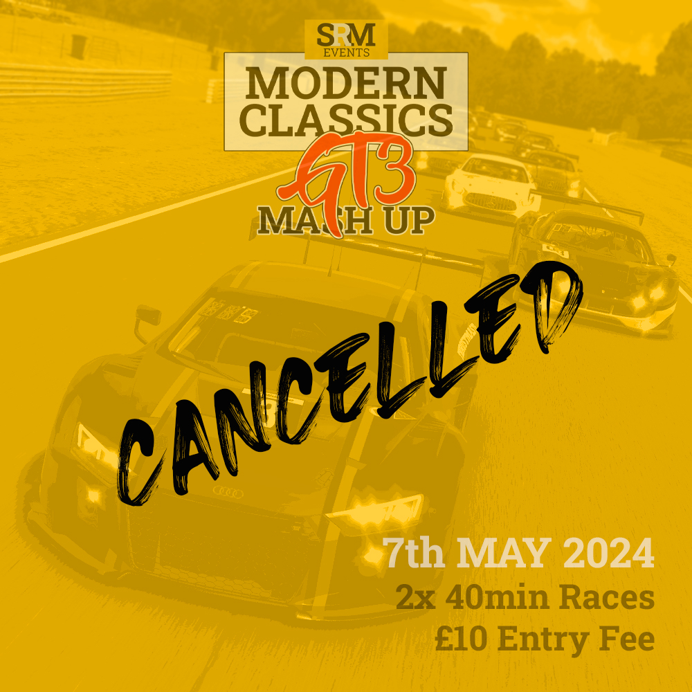 Unfortunately, due to a technical oversight and resulting lack of entries, the SRM Modern Classics GT3 Mashup has been called off. Thanks to those who displayed interest - we'll make sure the next event is a good one.