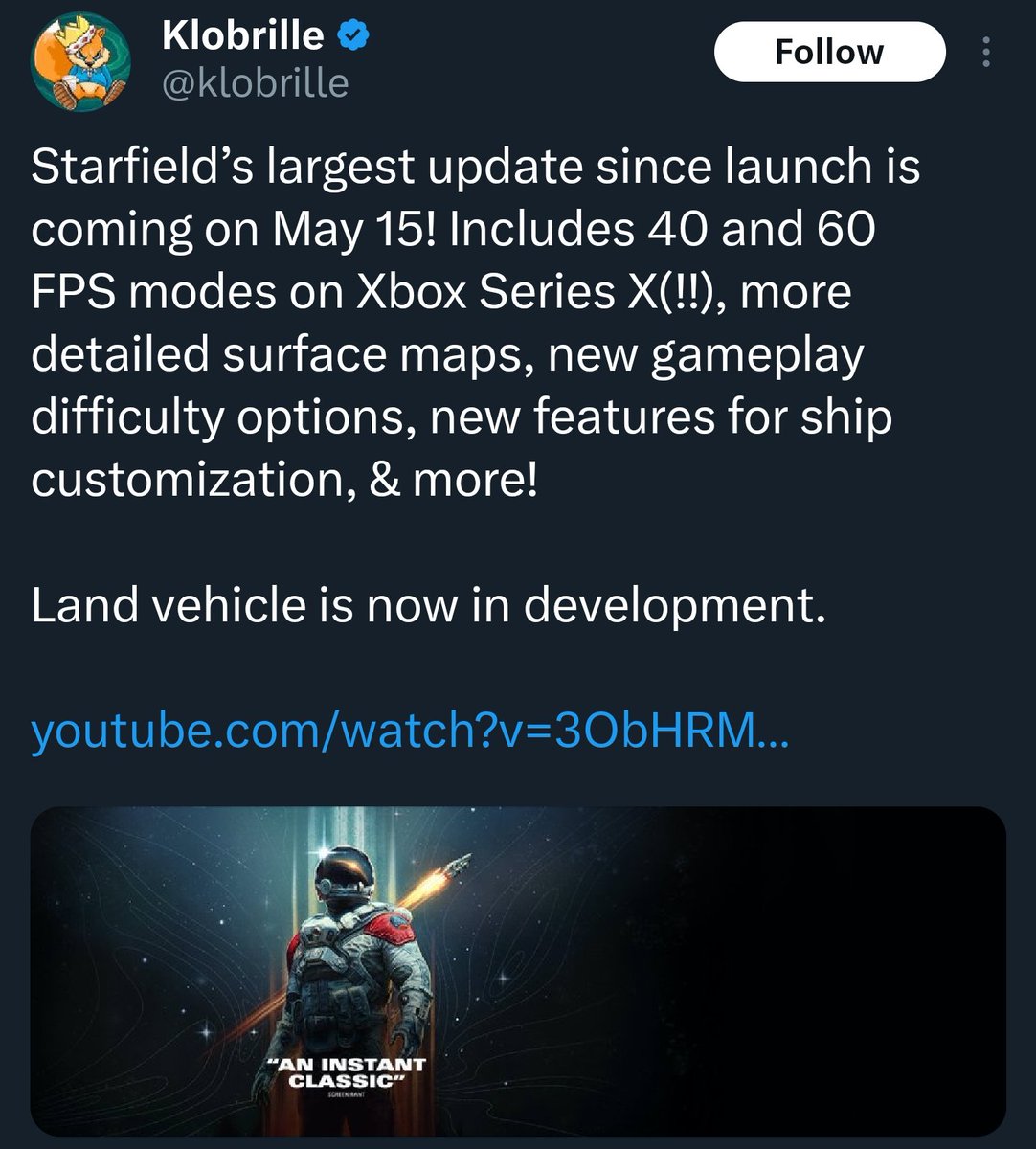 40 & 60fps modes coming to Starfield among many other things on May 15th