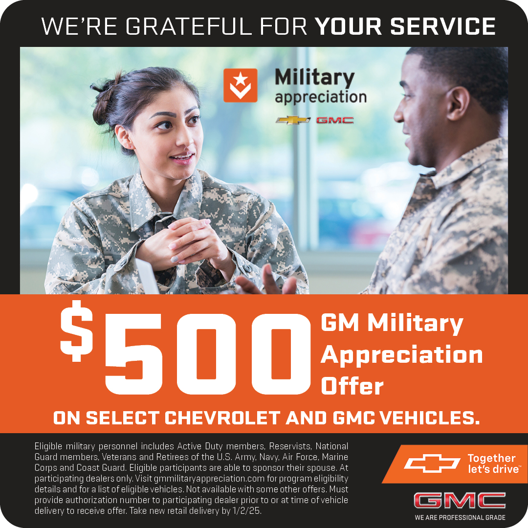Calling all heroes: Get $500 OFF select Chevrolet vehicles with our exclusive military offer!

Terms and conditions apply, visit us at 1801 Industrial Way San Benito, TX 78586 or visit our website in bio to see if you qualify! #Chevrolet #MilitaryDiscount #SaluteToService