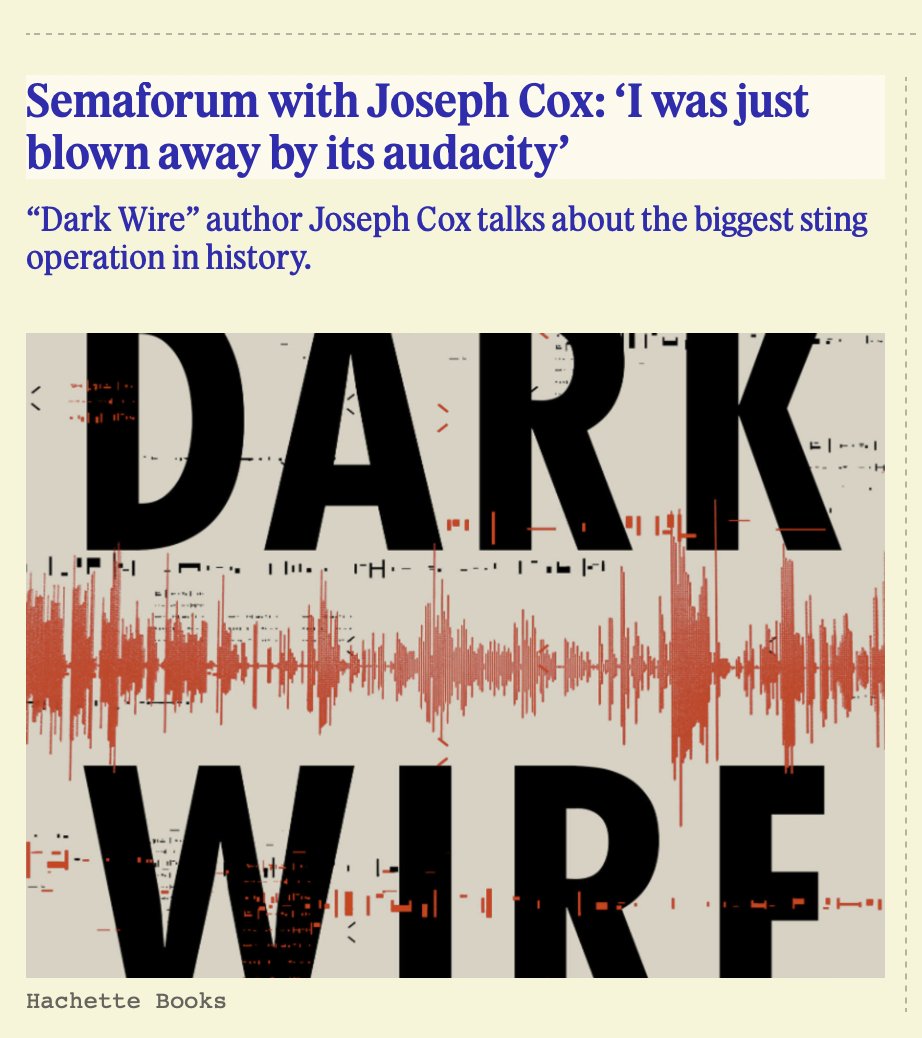 I spoke to Semafor's Ben Smith about my forthcoming book DARK WIRE, on how the FBI ran its own encrypted chat app to wiretap the world. Me not owning a mobile phone obviously came up: semafor.com/article/04/29/… You can preorder DARK WIRE for bonus content: hachettebookgroup.com/titles/joseph-…