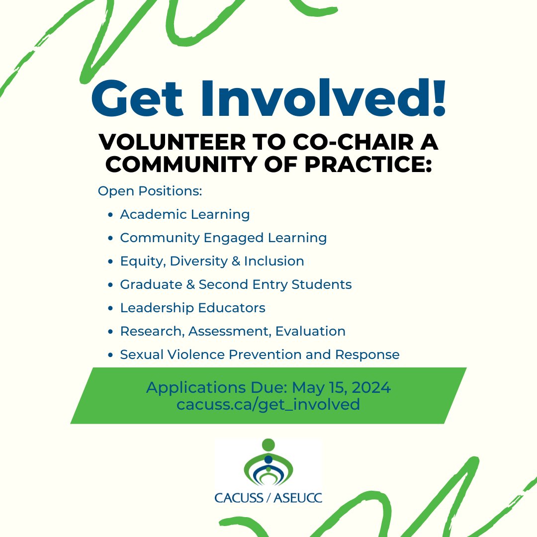 Looking for a leadership role within CACUSS? Visit our website to apply to co-chair a community of practice! #SACdn #HigherEd #StudentAffairs #CommunityofPractice