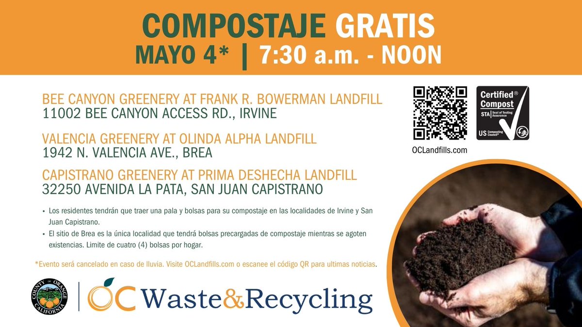 OC Waste & Recycling is excited to host compost giveaways on Saturday, May 4th from 7:30AM – 12PM while supplies last. Check @OCWaste day of the event for updates, and for more information visit oclandfills.com/events/free-co…. #OCWasteandRecycling #Compost #OCCompost