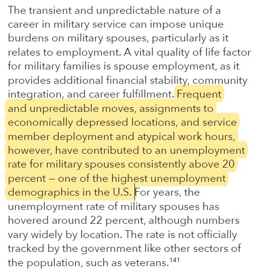 🧵22% of military spouses are unemployed, making it one of the highest it unemployment demographics in the U.S.   The Quality of Life Panel's investigation shows how we got here ⬇️