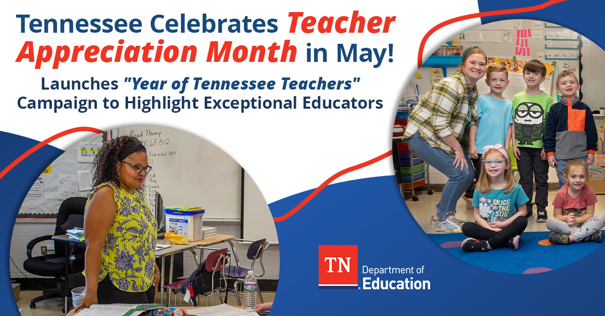 Happy Teacher Appreciation Month! We're thrilled to launch the 'Year of Tennessee Teachers' campaign to honor & spotlight amazing teachers nominated by their peers across the state. Be on the lookout for a spotlight of a teacher near you! tn.gov/education/news…