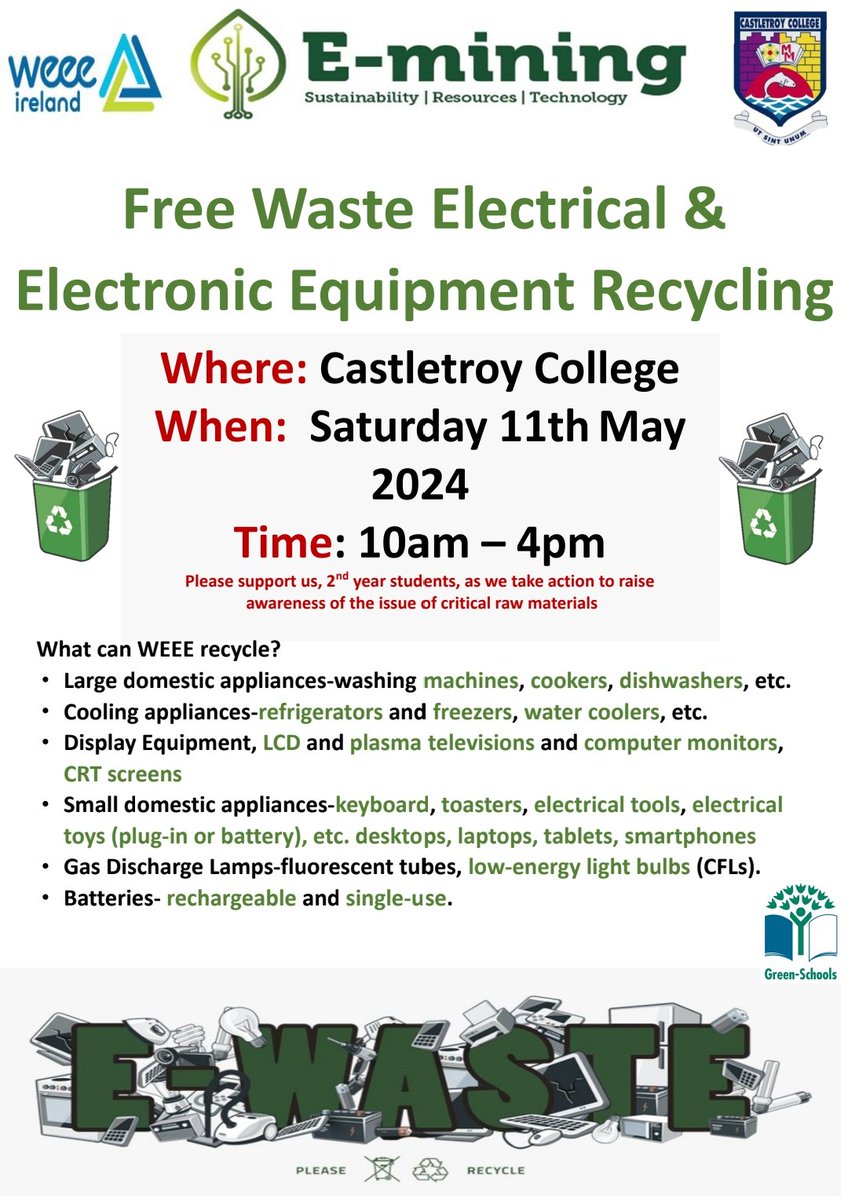 Castletroy College is running its annual electrical and electronic waste collection event on Saturday May 11th 2024 from 10am to 4pm in the school grounds. Eircode V946D85. @WEEEIreland @CastletroyC @LCETBSchools @Limerick_Leader @limerickpost @ilovelimerick @Live95fmNews