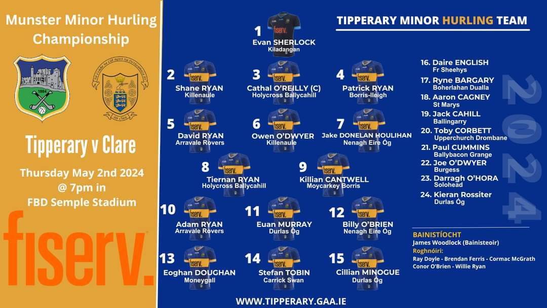 Best wishes to Evan Sherlock, Billy O'Brien, Eoghan Doughan and Joe O'Dwyer and all the Tipperary Minor Hurlers who will play Clare this Thursday evening at 7pm in FBD Semple Stadium. Tickets: universe.com/users/munster-… Tiobraid Árann Abú 💙💛