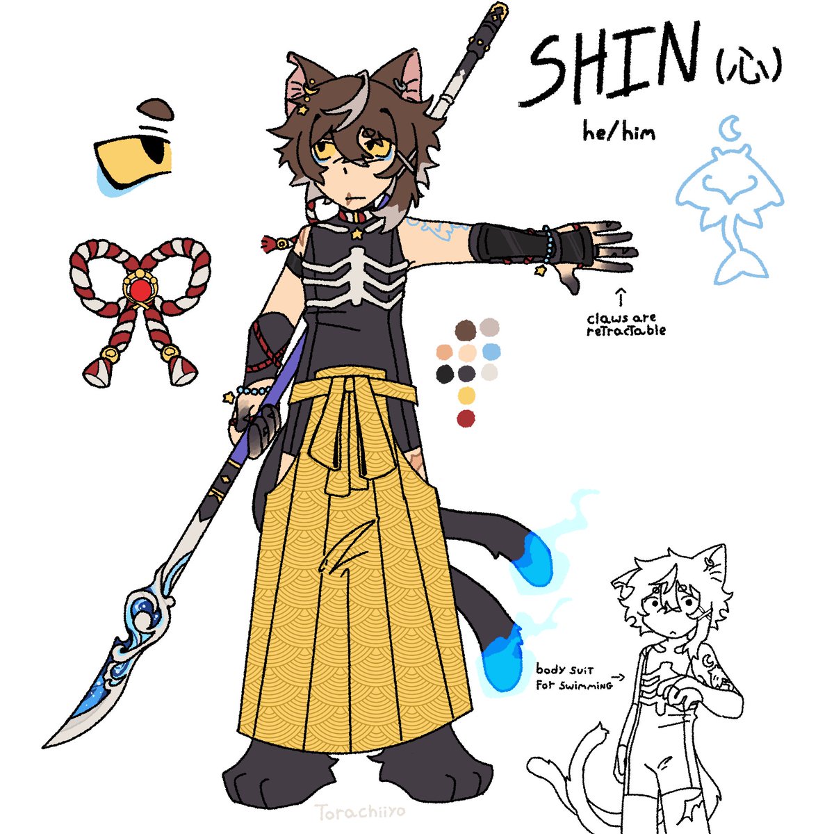 This is shin my stupid cat 
He's a nekomata and he fell in enkanomiya at like 13 yrs old so his brain is full of forbidden knowledge probably :3
He likes the sea and all things cursed and dead!! Weird little guy