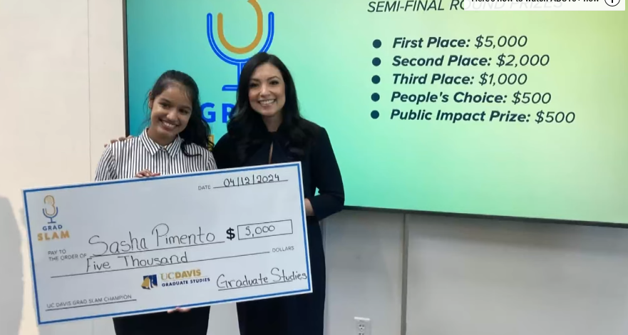 Sasha Pimento wins this year's UC Davis #GradSlam with her project, 'Opening Doors for Alzheimer's Disease Care.' This is part of her research with Dr. Alyssa Weakley, where they developed long-distance caregiving technologies.

Watch her presentation: youtube.com/watch?v=QsYxtX…