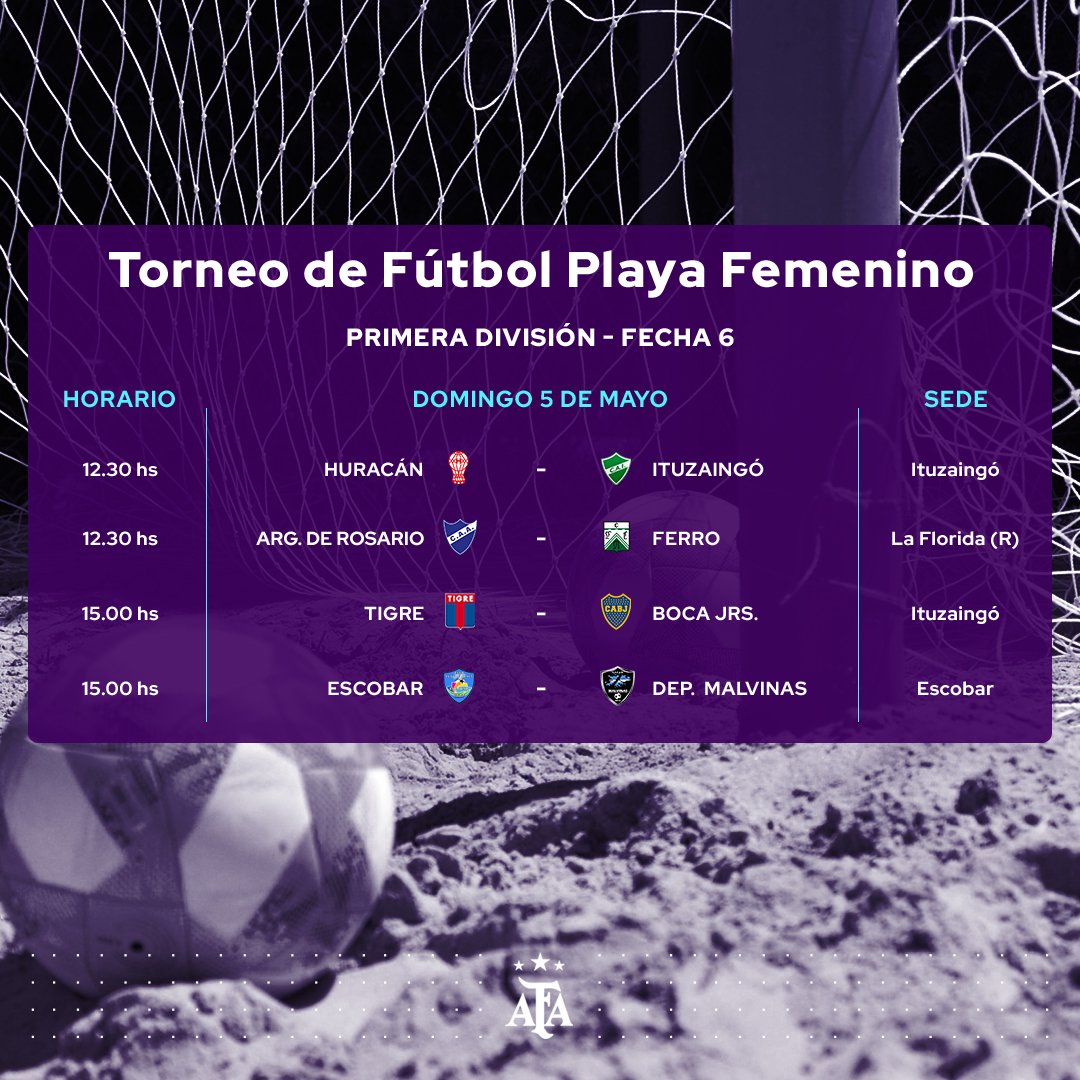 #FútbolPlaya 🏆 Se programó la sexta fecha de los torneos de #Primera División, Primera #Femenino y #PrimeraB. 📰t.ly/IdBXP Así se jugarán los partidos, el próximo domingo 4 👇