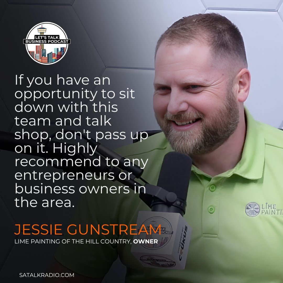 Special thanks to Jessie Gunstream, with Lime Painting of the Hill Country. Thanks for sharing your story of business success. Visit SAtalkRadio.com to learn more about Let’s Talk Business Podcast. #Gratitude #PodcastExperience #LetsTalkBusiness