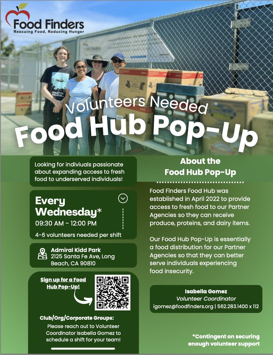 Food Finders is hosting pop-up food distribution events for our non-profit partner agencies at our food hub in Admiral Kidd Park in Long Beach. We aim to host these pop-up events every Wednesday, but we need volunteers! Scan the QR code to learn more. #FoodHub #FoodFinders