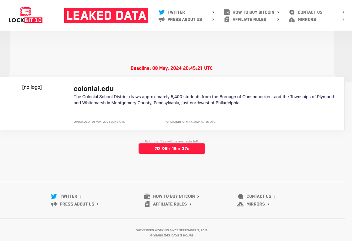 #LockBit has listed Colonial School District #ransomware 1/2