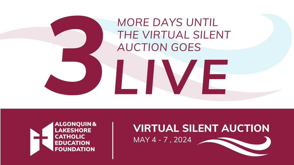 3 more sleeps until the Algonquin & Lakeshore Catholic Education Foundation Virtual Silent Auction site goes LIVE! Set your clocks for bidding on some great prizes and make a difference in the lives of ALCDSB students in need. Link activates May 4 at 8 AM. ow.ly/IAwC50Rtxic