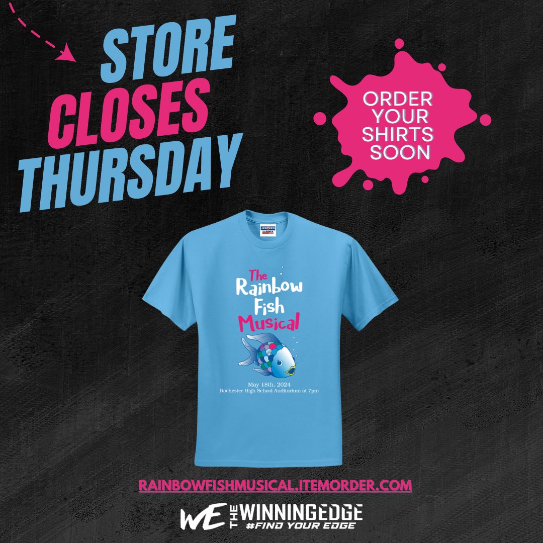 The Rainbow Fish Musical Shirts Store closes Thursday, May 2, 2024 (11:59 PM EDT)
Get your shirts for the up coming musical here:
rainbowfishmusical.itemorder.com/shop/home/
#TheRainbowFishMusical #RainbowFish #FindYourEdge #TheWinningEdge #winningedge @RochesterZebras @RMSZebras