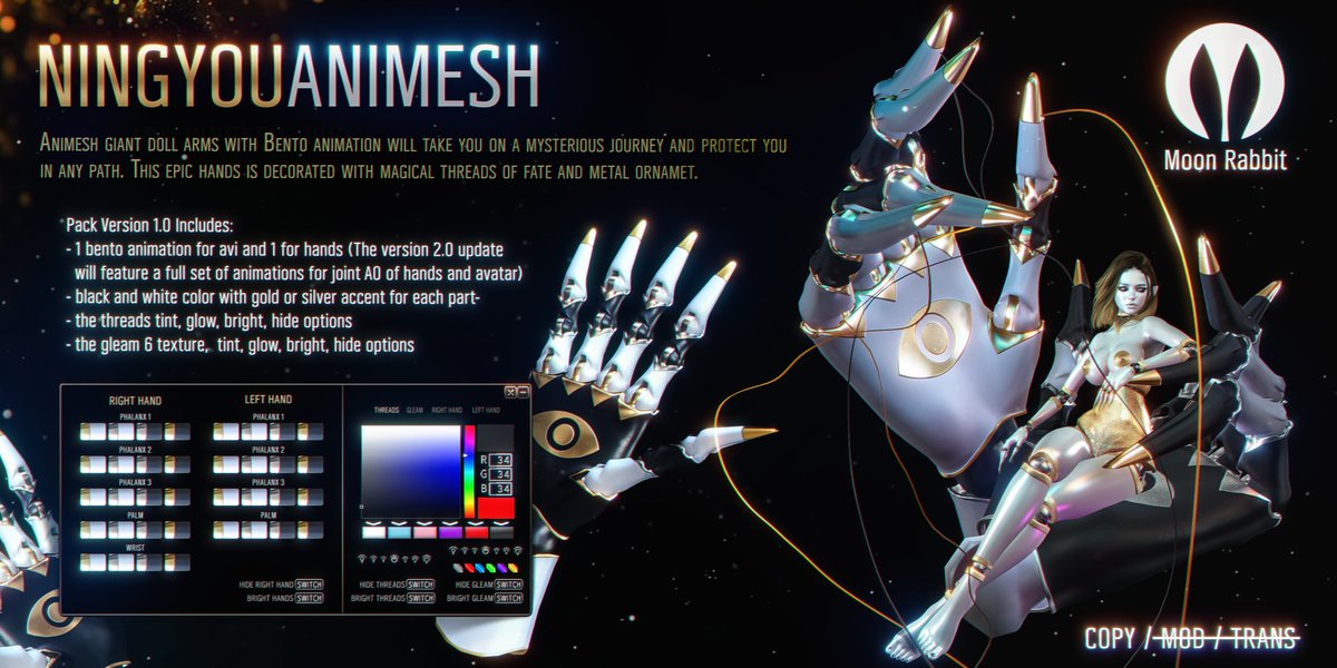 ~MR~Ningyou~Pack  
Animesh giant doll arms with Bento animation will take you on a mysterious journey and protect you in any path. This epic hands is decorated with magical threads of fate and metal ornament.

Ota.Con maps.secondlife.com/secondlife/Blo…