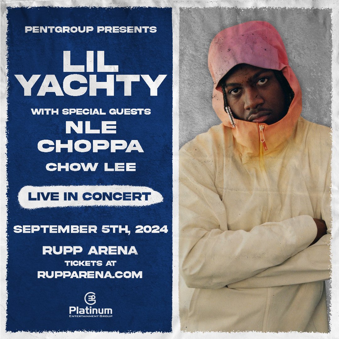 JUST ANNOUNCED! Get ready for an insane night with Lil Yachty, NLE Choppa, and Chow Lee LIVE in concert at Rupp Arena on Thurs., September 5th! 🔥 Mark your calendars: Pre-sale kicks off May 2nd at 12 PM, followed by general on sale on May 3rd at 12 PM.