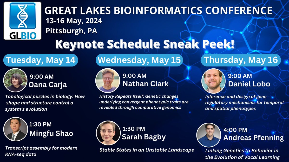 🎇Sneak peek of the #keynote schedule for #GLBIO2024!  Which talk are you most excited to attend? 

For more schedule info, check the schedule at-a-glance: rb.gy/j8hwps.
#greatlakesbioinformatics #bioinformatics #computationalbiology