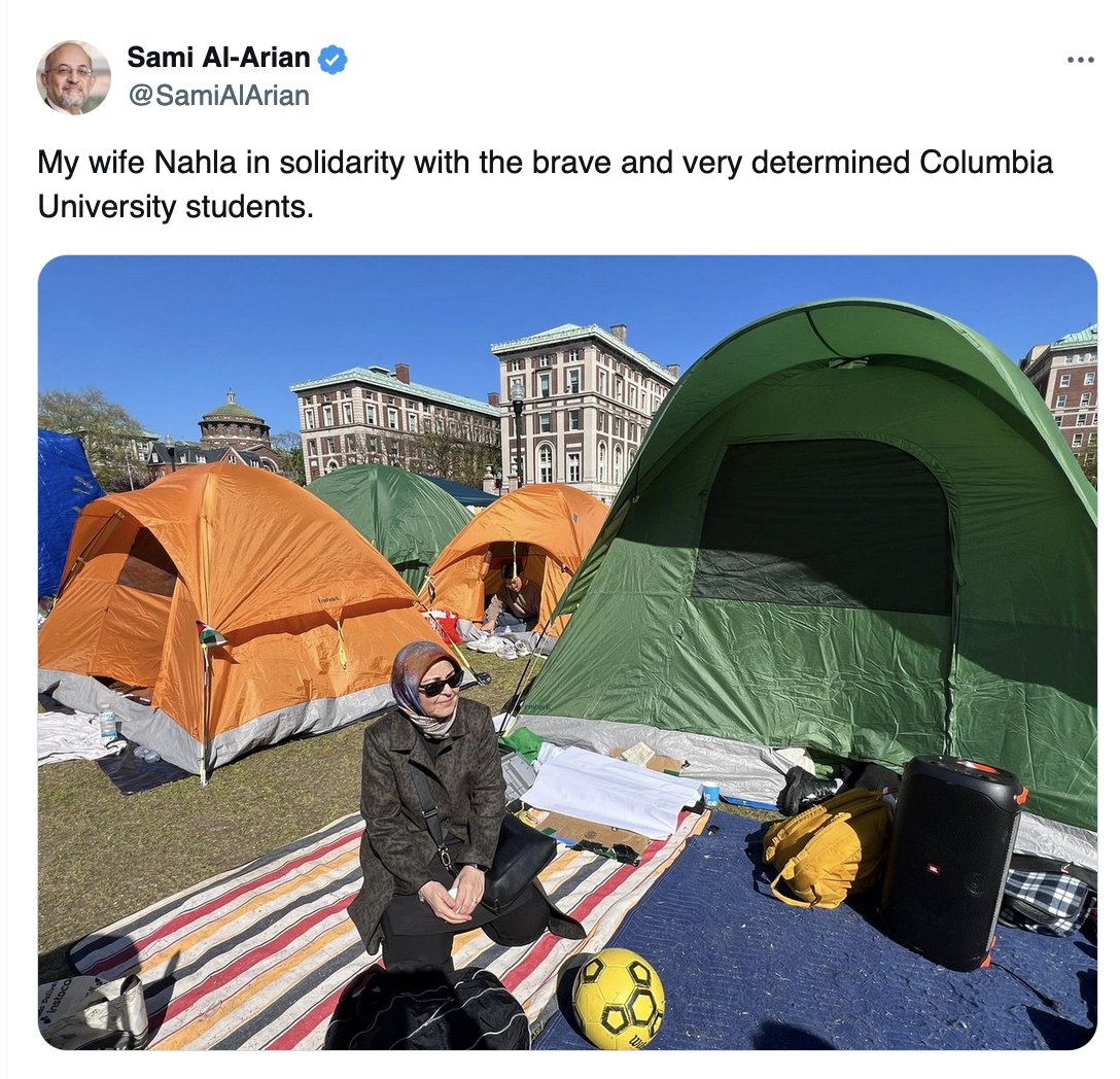 City officials falsely claimed 'the wife of a known terrorist' was at Columbia. This refers to peace activist Nahla Al-Najjar, wife of prof Sami Al-Arian (guilt by association?) on the 26th. Media retracted the statement only after the NYPD brutalized dozens of student protesters