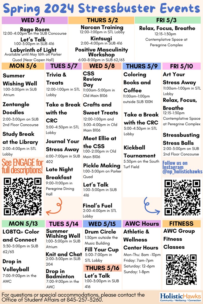 TODAY: #StressBusters starts Wednesday, May 1st to May 16th 2024! There are plenty of returning favorites, including the annual Kickball Tournament and Late Night Breakfast to help students de-stress! SCHEDULE: sites.newpaltz.edu/news/2024/04/s…