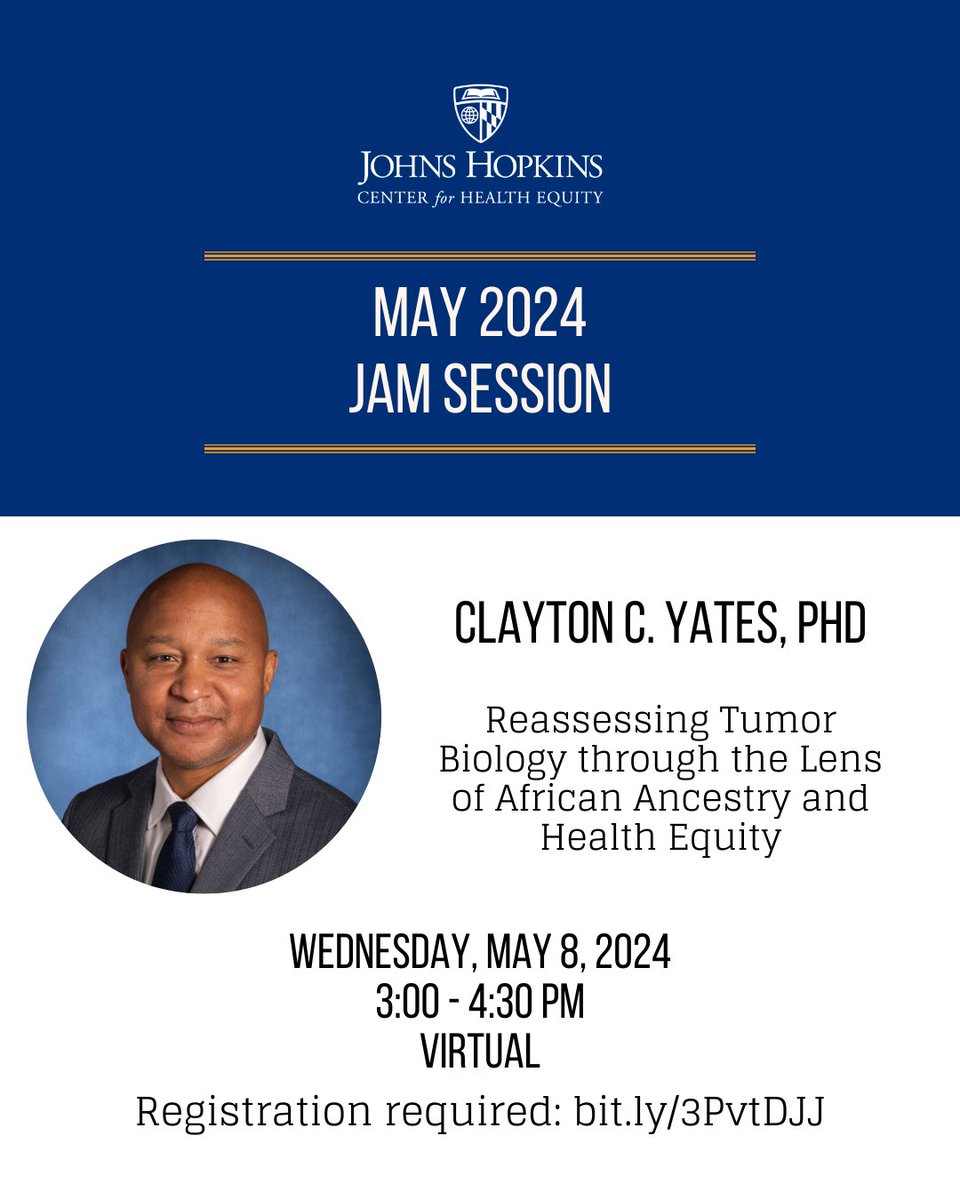 Join us NEXT Wednesday for the final Jam Session of the season with @phd_yates, who will share his talk 'Reassessing Tumor Biology through the Lens of African Ancestry and #HealthEquity' Register today! 🗓️ Wed, May 8 🕒 3 - 4:30 PM 📍 Virtual Register🔗 loom.ly/LqITRWs