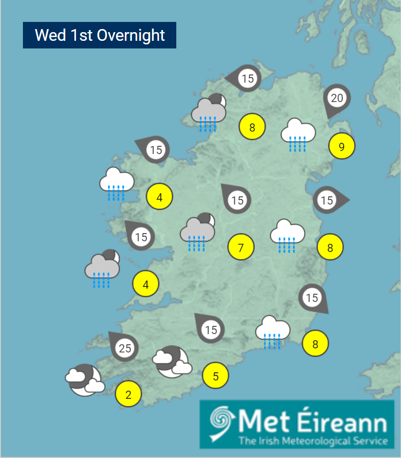 Tonight rain and drizzle🌧️ will spread gradually westwards across the country, but parts of W Munster will hold dry until dawn. Drier conditions will follow as the rain clears across Ulster & N Leinster later in the night🌛. Lows🌡️ of 2 to 6 degrees, coldest in the SW.