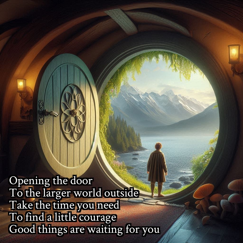 Opening the door
To the larger world outside
Take the time you need
To find a little courage
Good things are waiting for you

Words: Mine
Image: AI generated
#poetry #tanka #writing #WritingCommunity #mentalhealth #depression #anxiety #sicknotweak #selfcare #KeepGoing