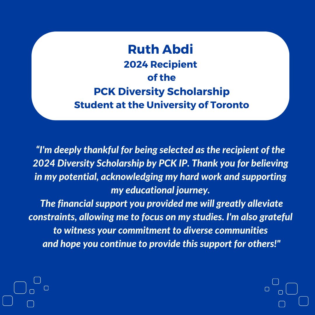 Roots Community Services and @PCKIP are thrilled to announce Ruth Abdi has been selected as the 2024 recipient of the PCK Diversity Scholarship. We are excited to see you achieve your goals. Congratulations Ruth! #diversity #scholarships #intellectualproperty