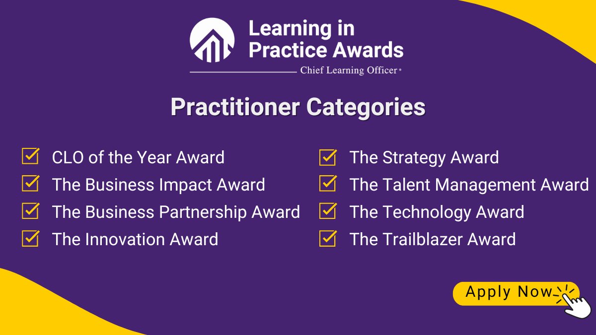 Are you a visionary leader in learning and development?

Whether you're a CLO or a senior learning leader, there's a category for you to shine in. Apply now: hubs.ly/Q02vrzG-0       

#LIPAwards #LIP2024 #LearningInPractice
