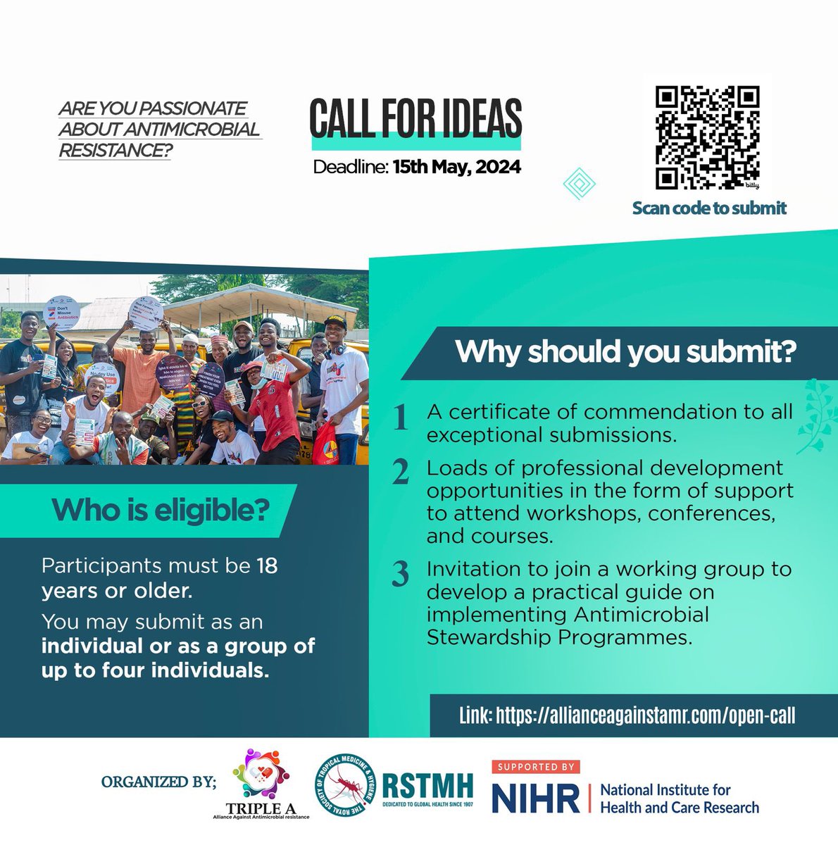 Calling everyone above 18 years. Do you have practical ideas for implementing effective antimicrobial stewardship programs in low-resource settings? Here’s an exciting opportunity for you!

Details about the open call can be found here: allianceagainstamr.com/open-call/