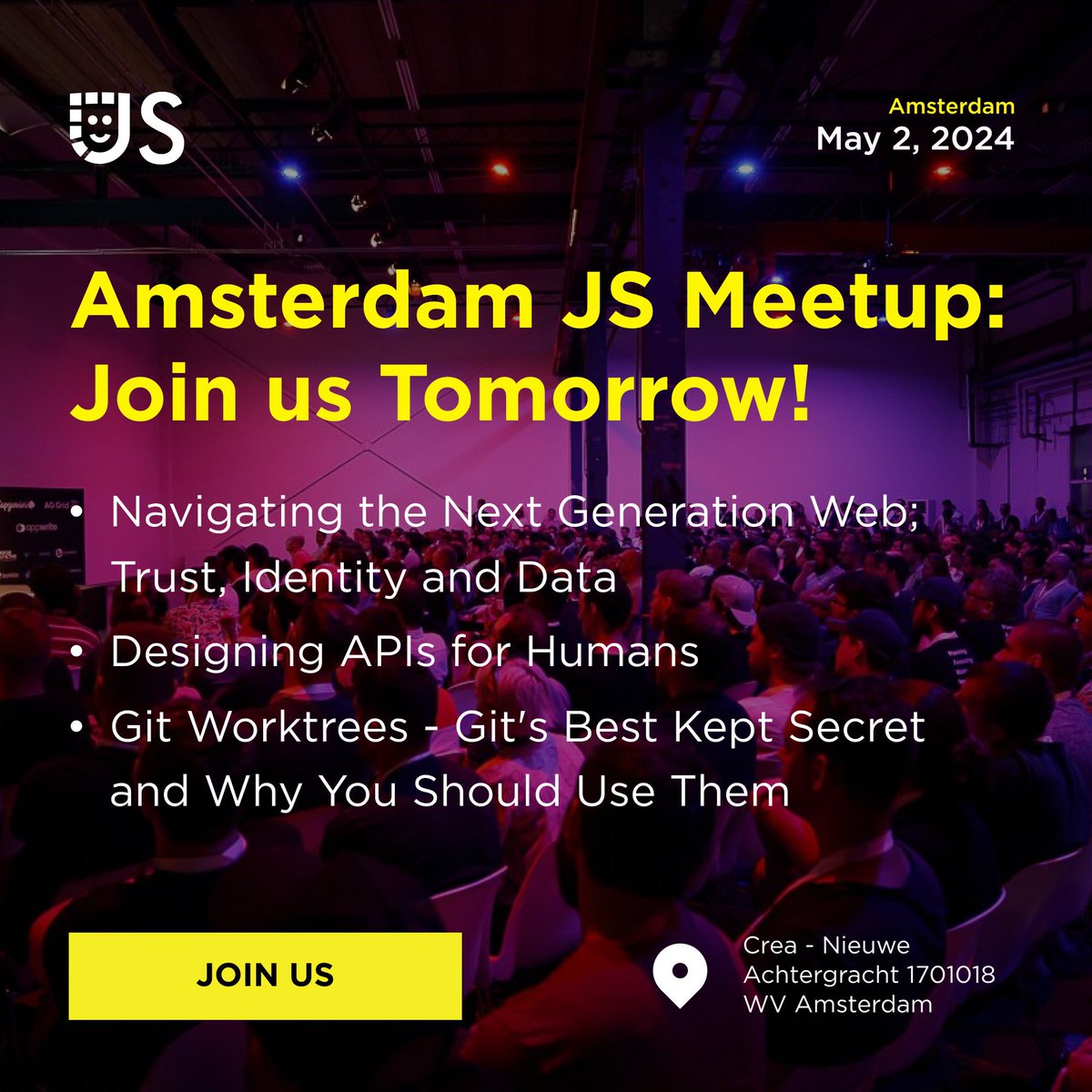 Don't miss out on the #AmsterdamJSMeetup - May Edition! Check out the agenda and secure your spot here 👉 guild.host/events/amsterd… 💥 Get a chance to win the ticket to C3 Dev Festival taking place in June - c3fest.com See you tomorrow! 🙌