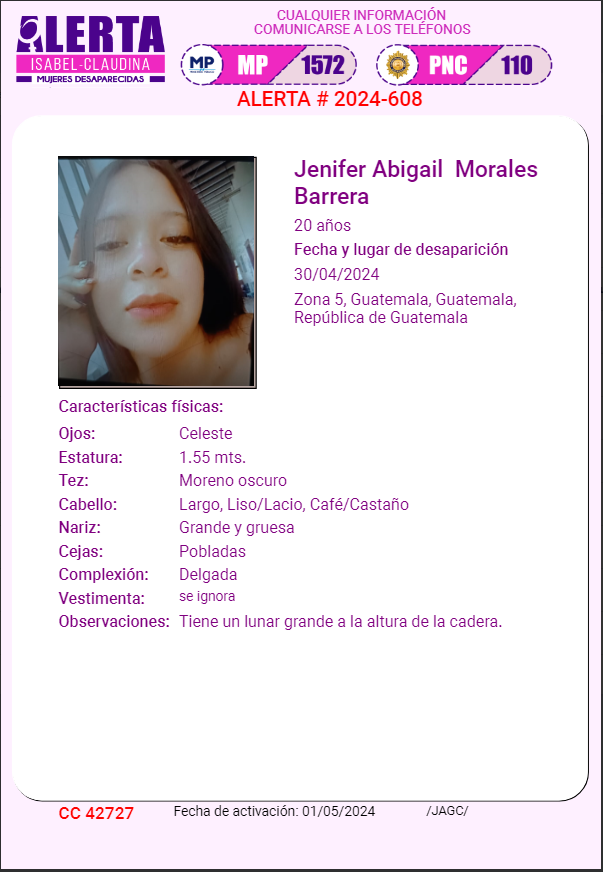 #AlertaIsabelClaudina
🚨 Ayúdenos a encontrar a
JENIFER BIGAIL MORALES BARRERA
Cualquier información comunicarse al teléfono 📞 1572
Gracias por difundir esta información❗