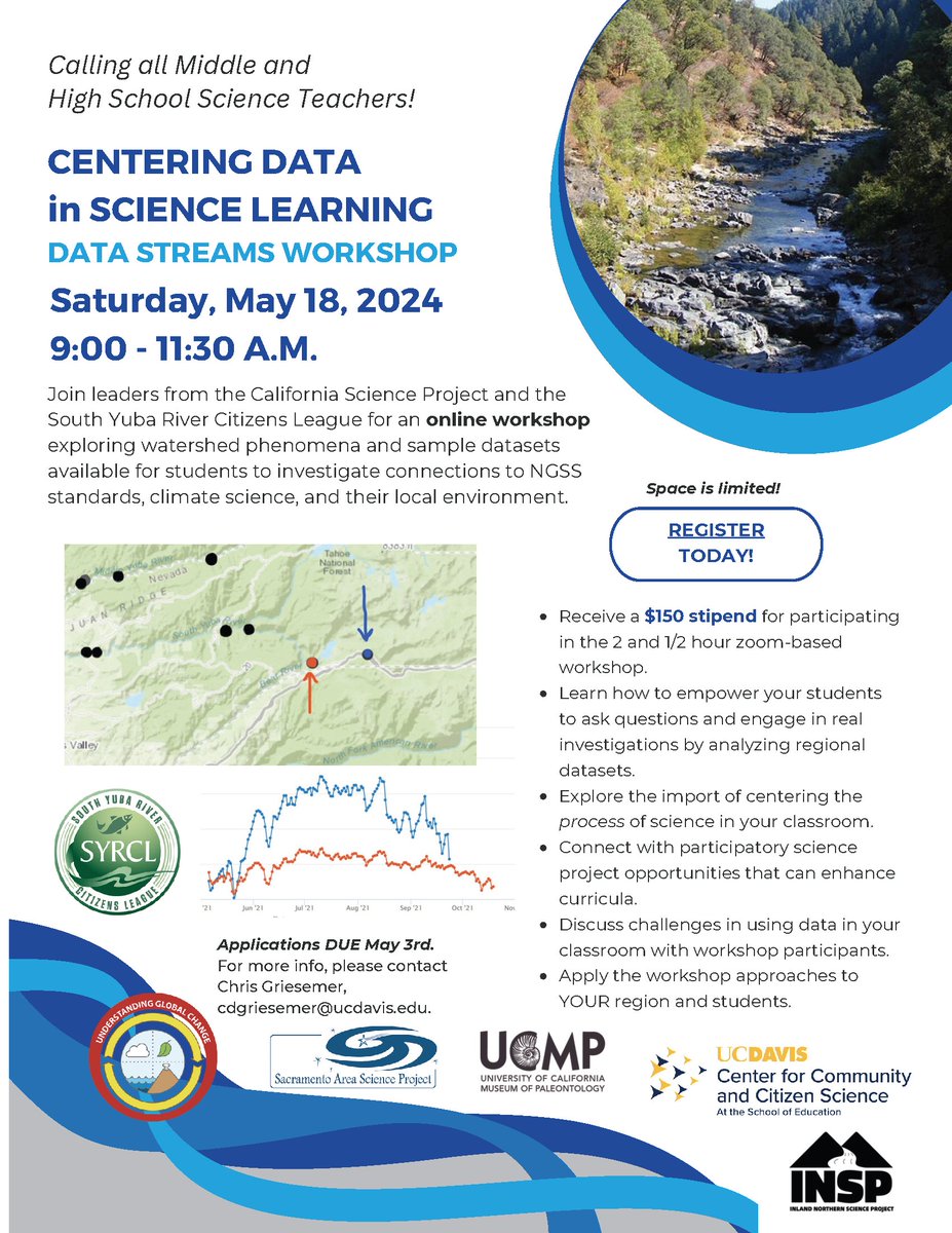 On Sat, May 18, we're teaming up with the Sacramento Area Science Project, @ucmpberkeley, @undglobalchange, & @yubariverpeople for an online workshop! Explore the benefits of using data to engage students in the process & practices of science. Register: docs.google.com/forms/d/e/1FAI…