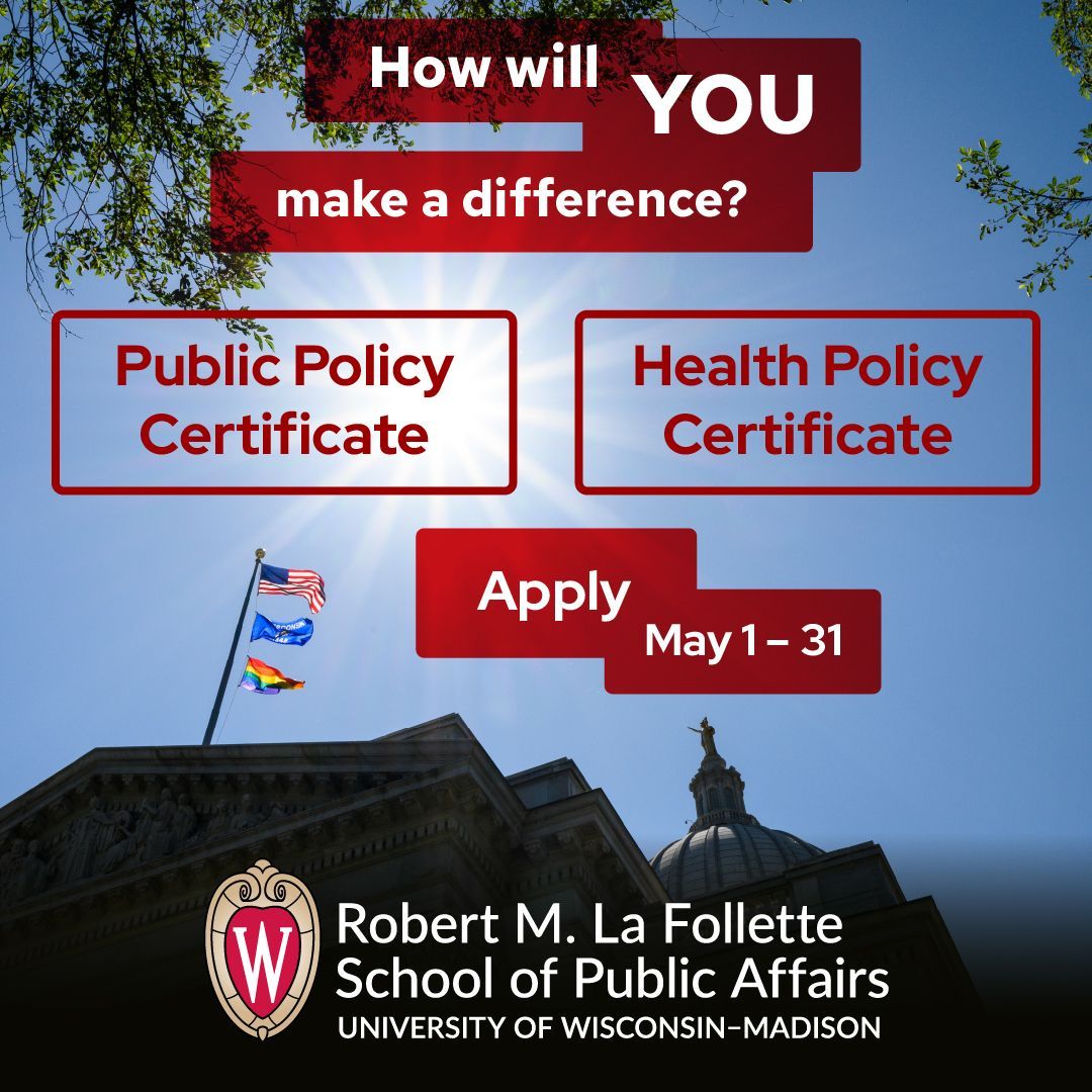 Applications open today for our undergraduate certificates in public policy and health policy. The 12-credit programs provide practical policy skills and direct experience to enhance your major. How will you make a difference? Choose a certificate: lafollette.wisc.edu/academics/#und…