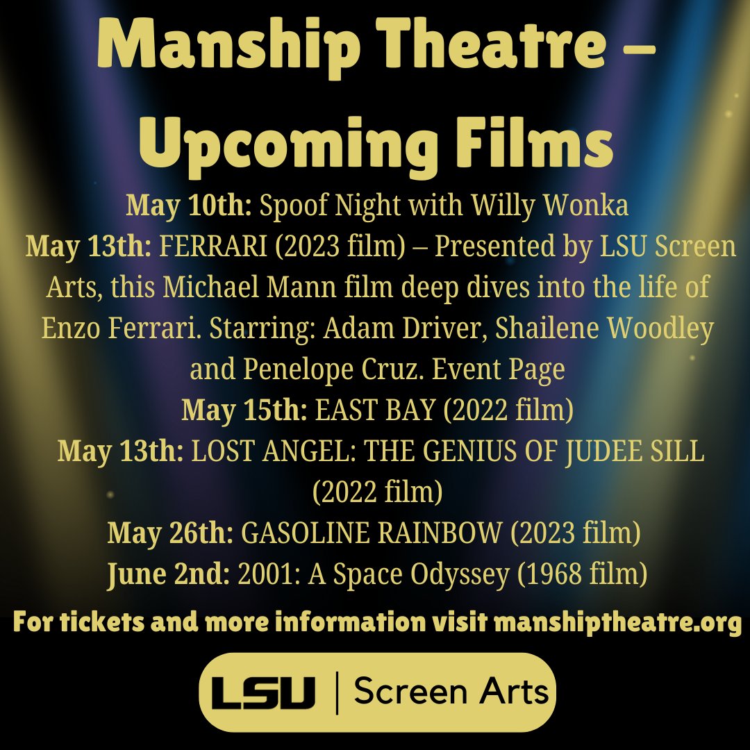 LSUScreenArts's tweet image. Summer is almost here! Check out these film screenings at Manship Theatre to relax after finals and escape the heat. #geauxSCRN