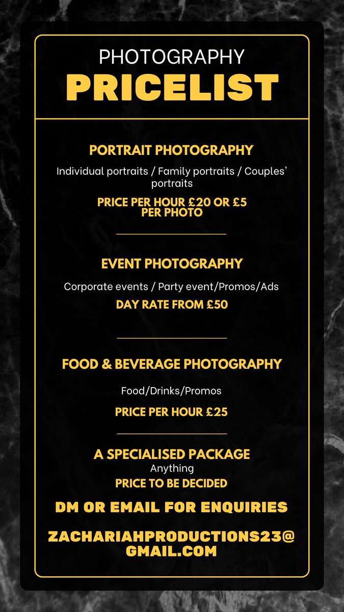 I now am offering Photography Shoots All info is below any queries just dm me on here or send me through an email to zachariahproductions23@gmail.com #photographer #photography #photo #pricelist #SmallBusiness #funtimes