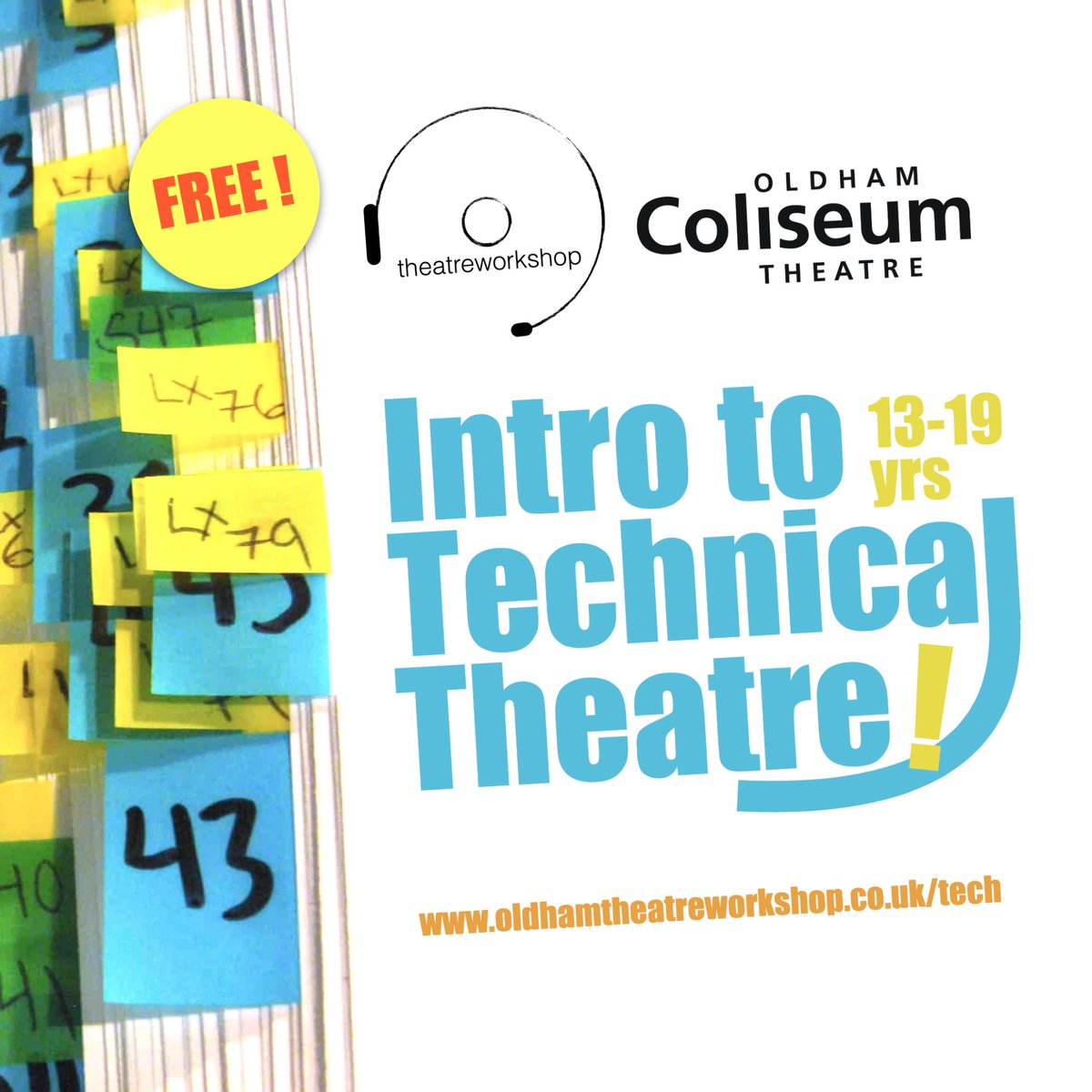 A FREE short ‘Introduction to Technical Theatre’ course for young people aged 13 – 19 Are you interested in developing new skills in stage management, lighting, sound and visual technologies? Go to oldhamtheatreworkshop.co.uk/tech Application deadline: 12:00pm Friday 31st May 2024